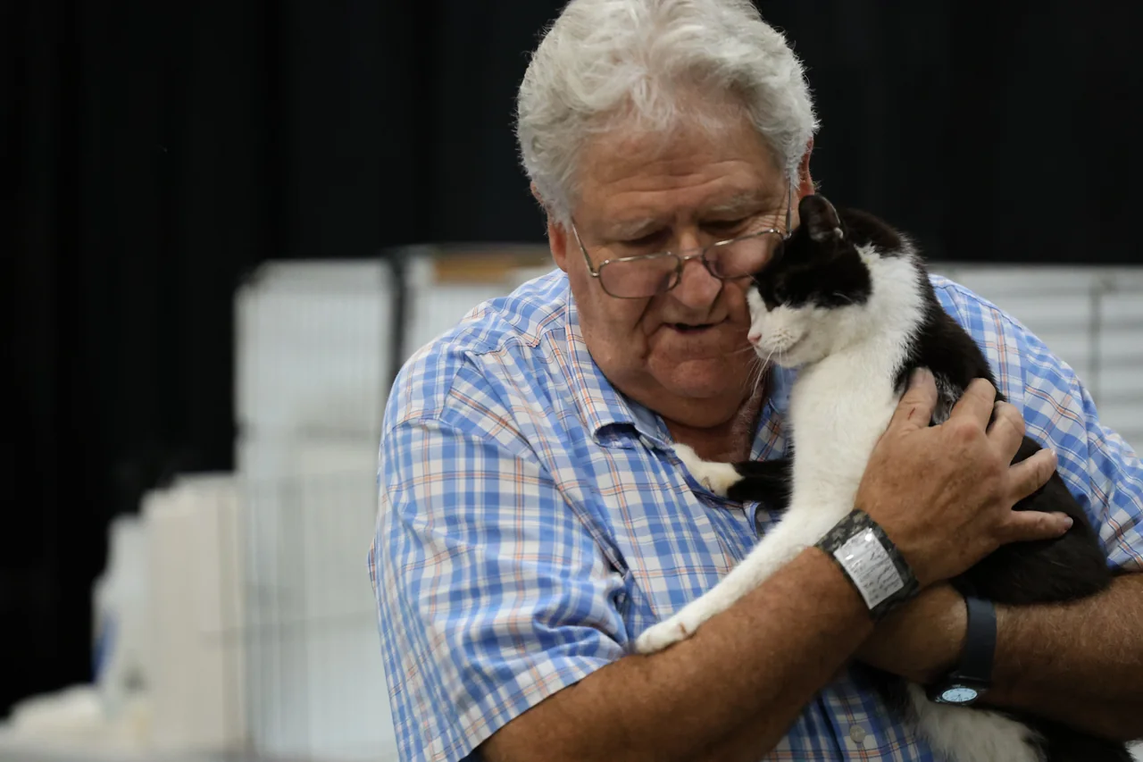 A man in a blue checked shirt gently holding a black and white cat against his face