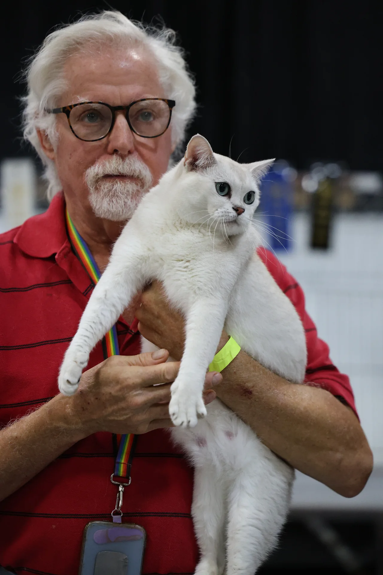 A man in a red shirt holding a white cat upright