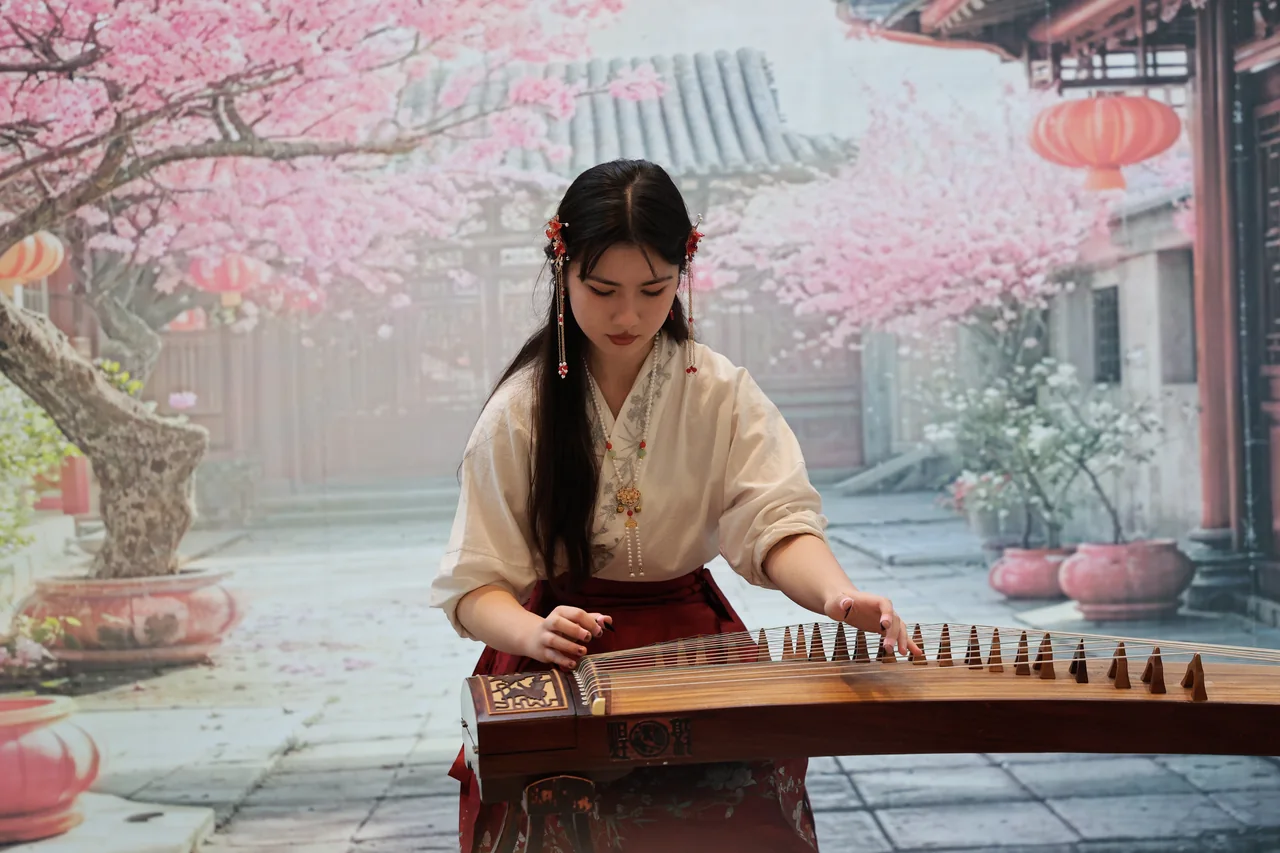 A wide view of a guzheng musician before a painted cherry blossom backdrop